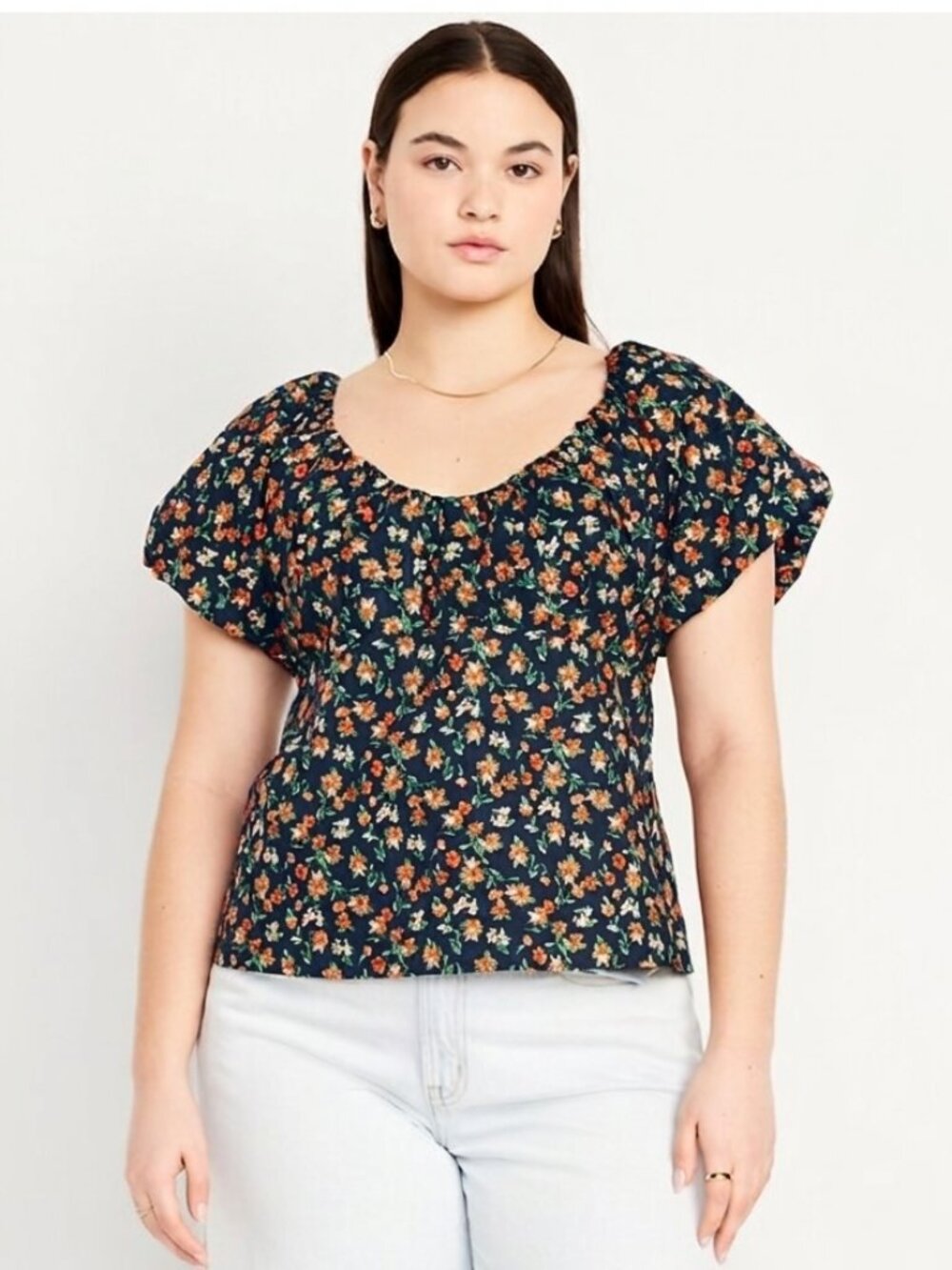 Old Navy NWT Women's Size 2X Navy Floral Waist-Defined V-Neck Top